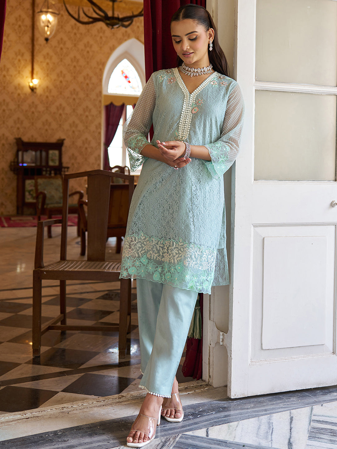 Blue Floral Raschel Knit Co-ord Set – Heeposh