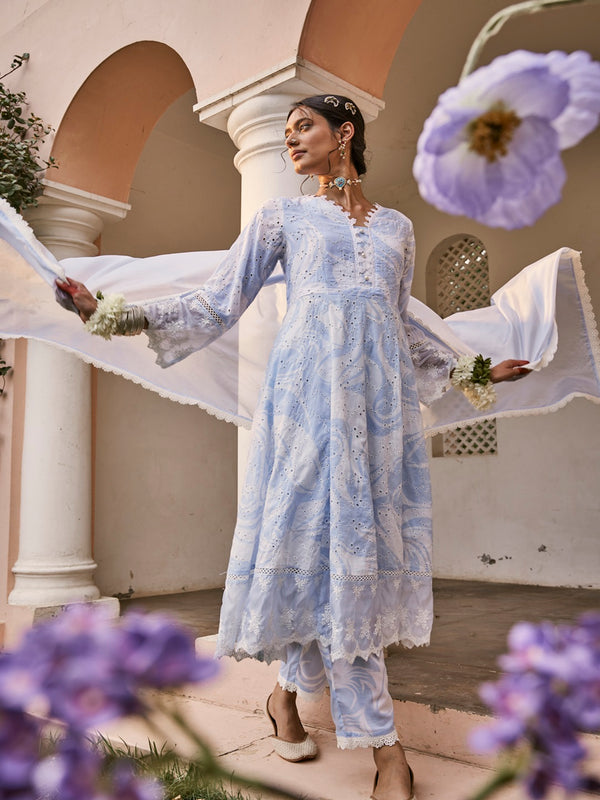 Blue Marble Printed Schiffli Anarkali Kurta Set with Dupatta