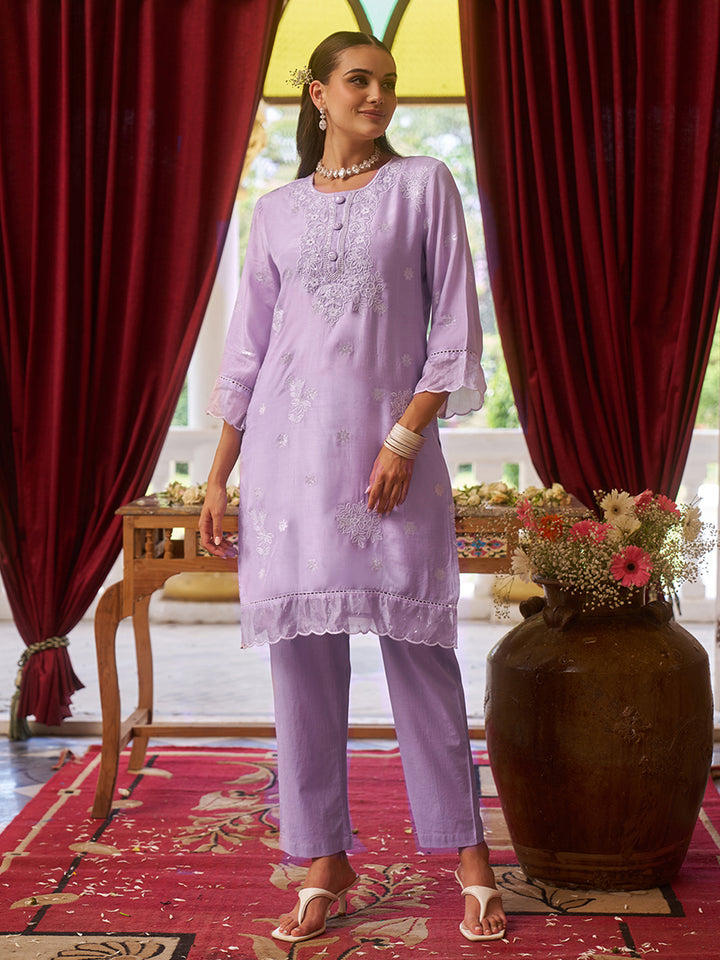Crafted in luxurious viscose fabric, this co-ord set features a classic round neckline. Shop Now!