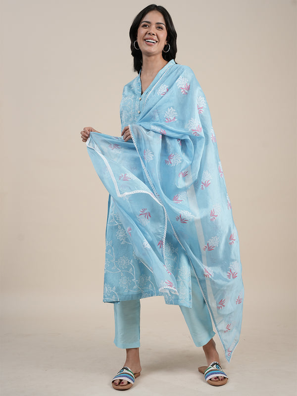 Blue Khari Printed Kurta with Trouser & Dupatta