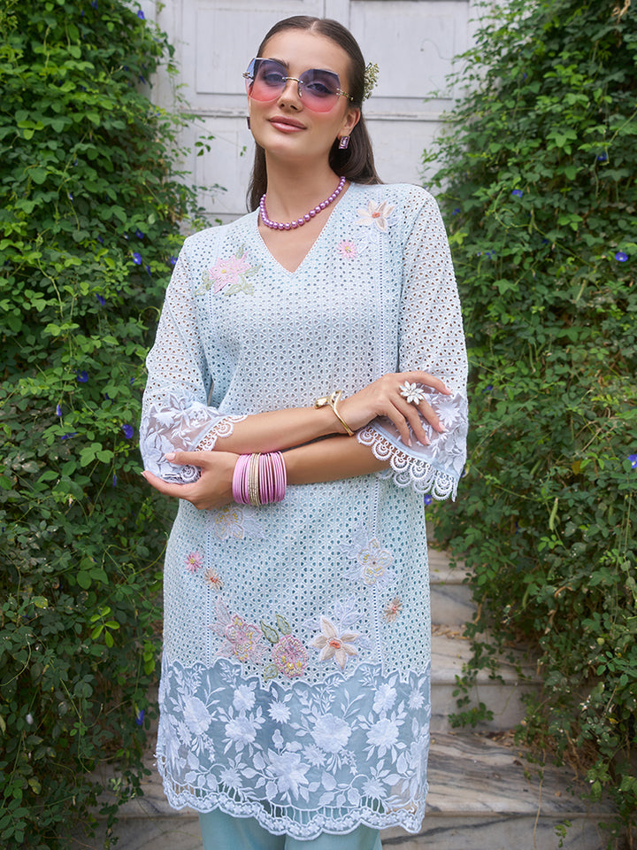 This V-neck co-ord set features delicate floral surface ornamentation for a graceful look. Shop Now!