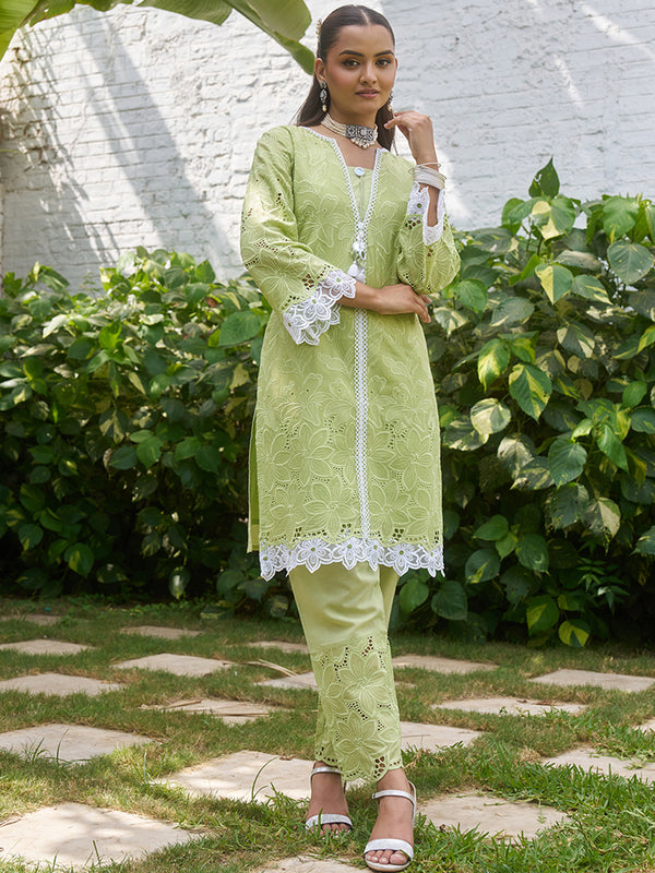 Green Floral Schiffli Cotton Co-ord Set