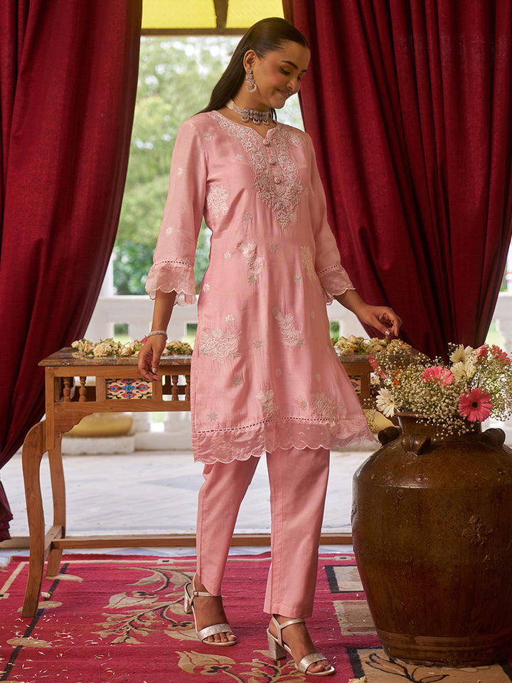 Crafted in luxurious viscose fabric, this co-ord set features a classic round neckline. Shop Now!