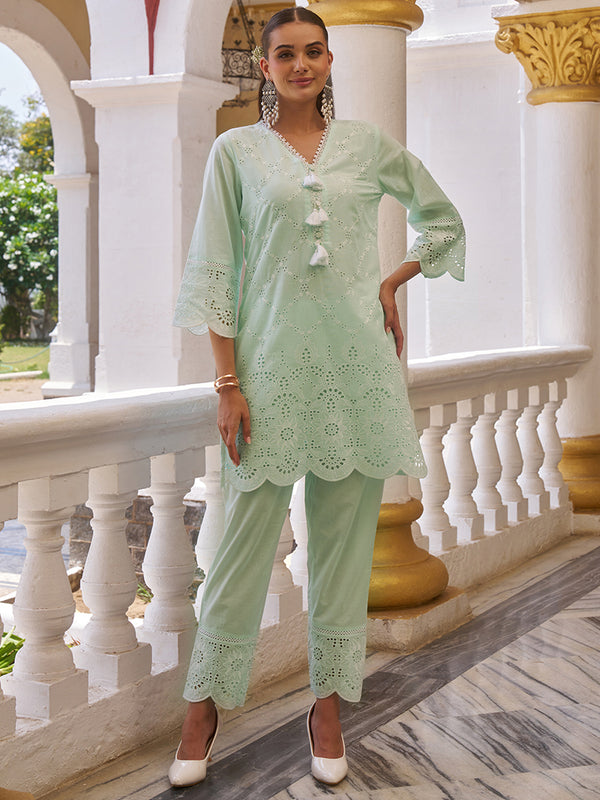 Mint Pastel Cotton Schiffli Co-ord Set