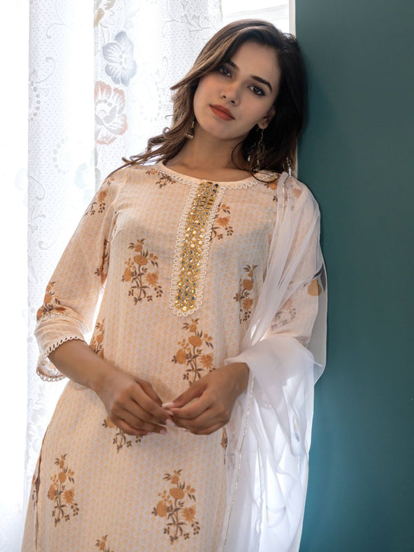 Yellow Printed Straight Cotton Kurta Set with Hand Painted Dupatta