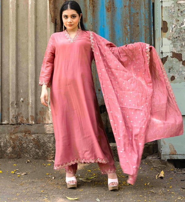 Ethnic Motifs Embroidered Sequinned Straight Kurta Set With Dupatta