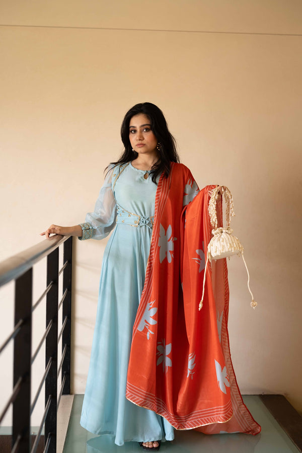 Blue Embroidered Kurta Set with Printed Dupatta and Jacket