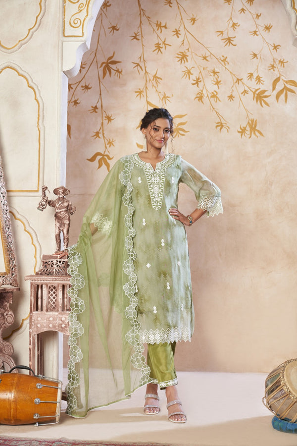 Olive Chikankari Embroidered Georgette Suit Set with Dupatta