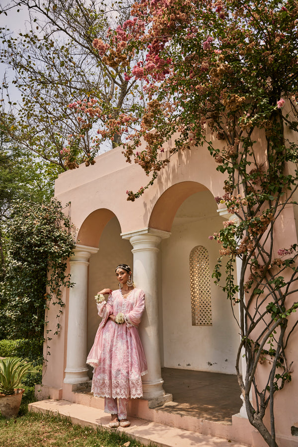 Pink Marble Printed Schiffli Anarkali Kurta Set with Dupatta