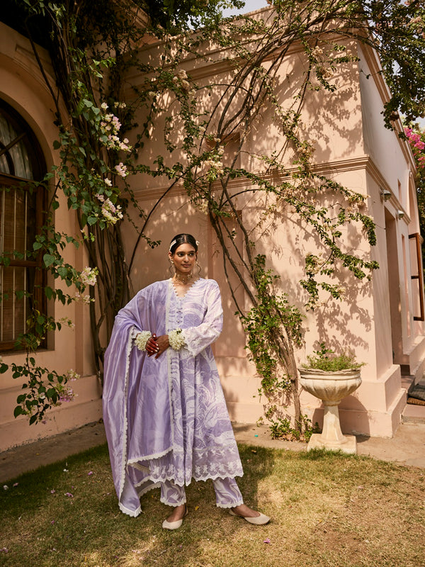 Lilac Marble Printed Schiffli Anarkali Kurta Set with Dupatta