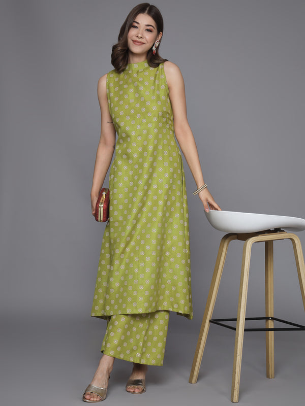 Floral Printed Sleeveless Pleated A-Line Kurta With Palazzos