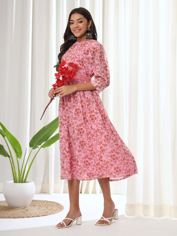 Floral Printed Dress with Embroidered Belt