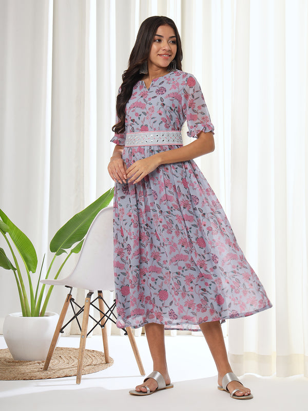 Grey Floral Printed Dress with Embroidered Belt