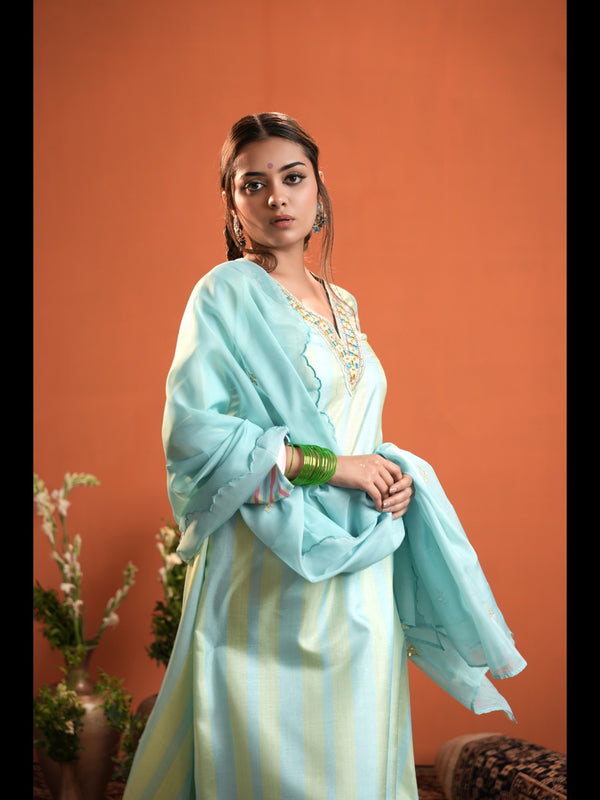 Green Stripe Printed And Embroidered Neck Kurta with Trouser & Dupatta