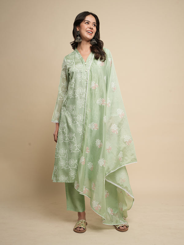 Green Khari Printed Kurta with Trouser & Dupatta