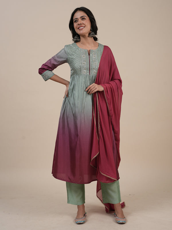 Green and Magenta Ombre Printed and Embroidered Kurta Set with Dupatta