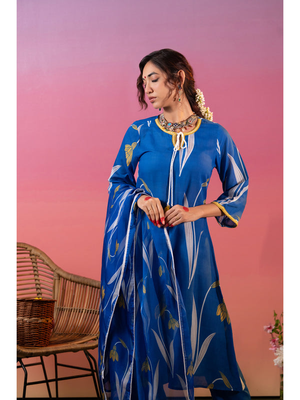 Blue Cotton Floral Printed Kurta Set with Dupatta