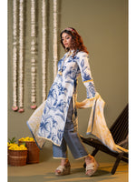 White and Blue Floral Printed Kurta Set with Dupatta