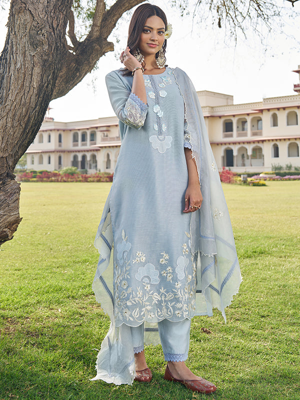 This Kurta Set with Dupatta crafted from silk-blended fabric offers a graceful look. Shop Now!