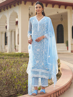Blue Schiffli Embroidered Kurta Set with Embroidered Organza Dupatta