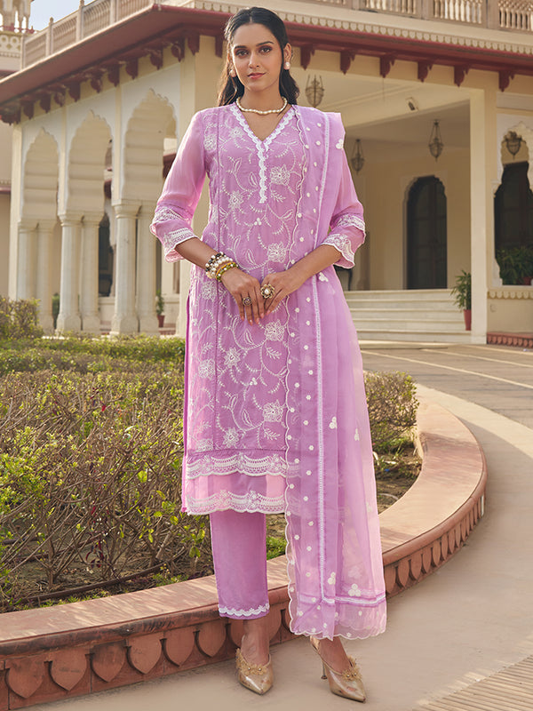 A Schiffli Floral Kurta Set with Embroidered Dupatta is perfect for special occasions. Shop Now!