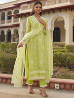 Green Schiffli Embroidered Kurta Set with Embroidered Organza Dupatta