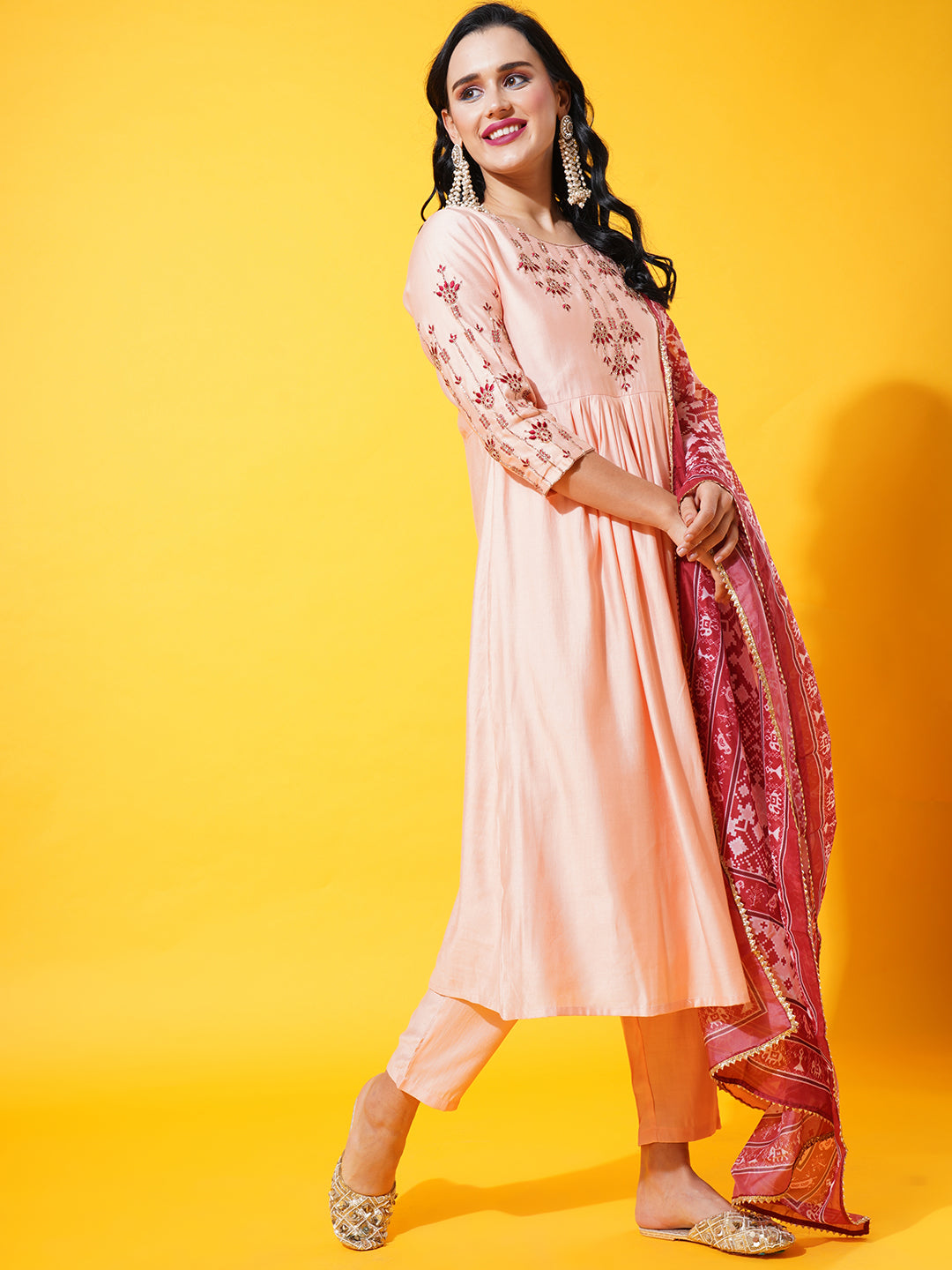 Peach Embroidered Empire Kurta Set with Dupatta – Heeposh