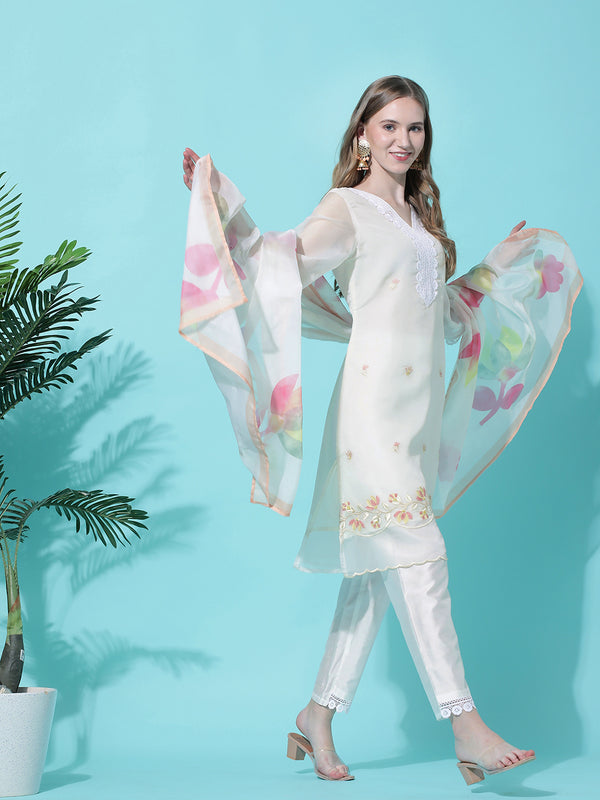 This elegant kurta set in organza silk with printed dupatta will be your new favourite. Shop Now!