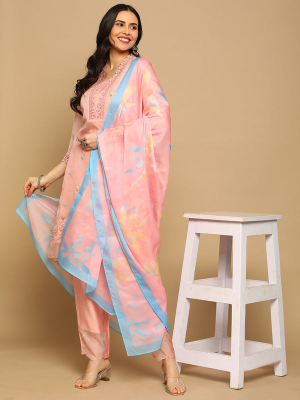 This elegant kurta set in organza silk with printed dupatta will be your new favourite. Shop Now!