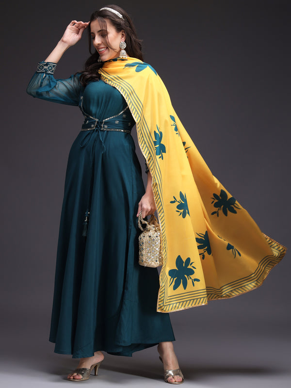 Teal Embroidered Kurta Set with Printed Dupatta and Jacket