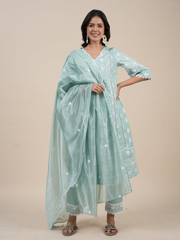 Green Embroidered Kurta Set with Dupatta