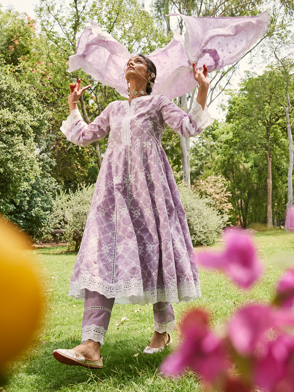 Lilac Schiffli Anarkali Kurta Set with Dupatta