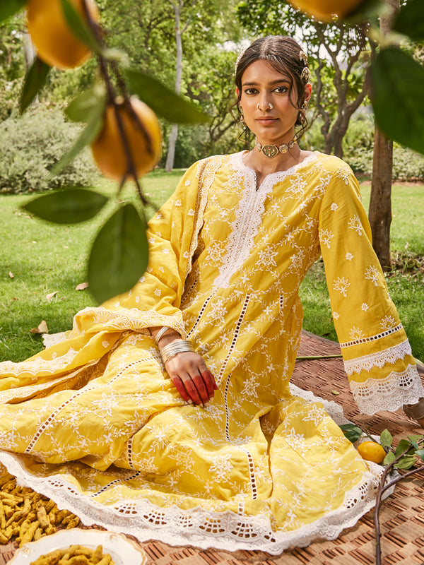 Yellow Schiffli Anarkali Kurta Set with Dupatta