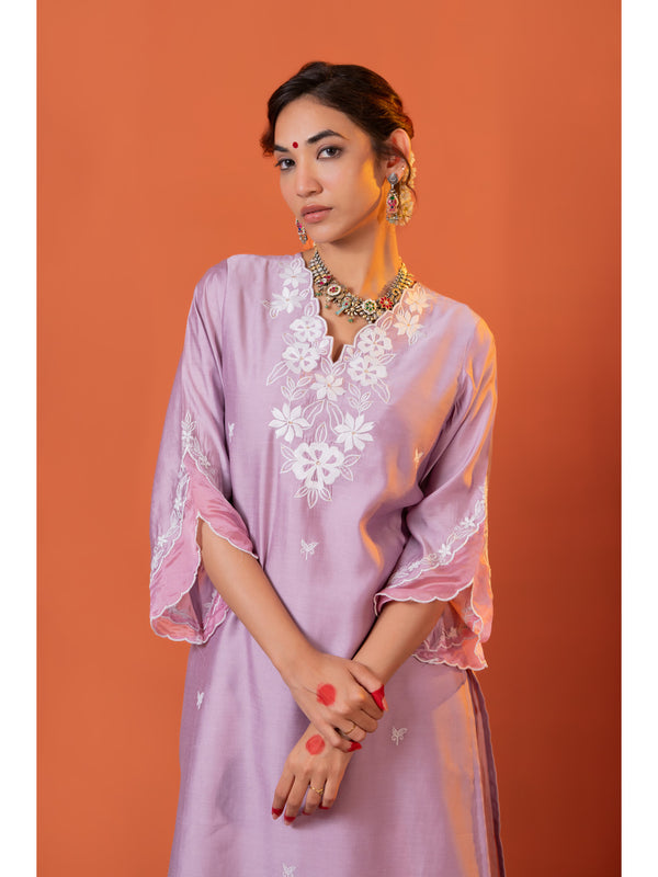 Lilac Embroidered Kurta Set with Dupatta