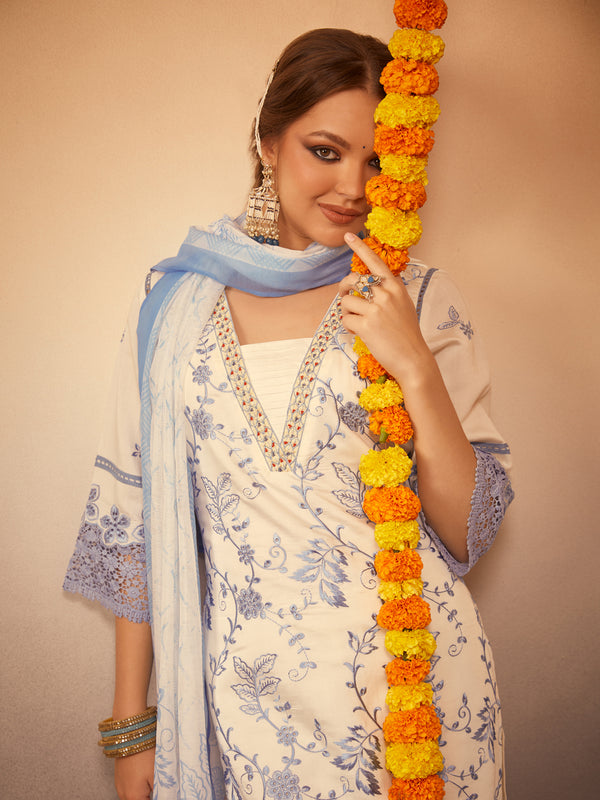 Blue Multi Floral Embroidered Kurta Set with Organza Dupatta