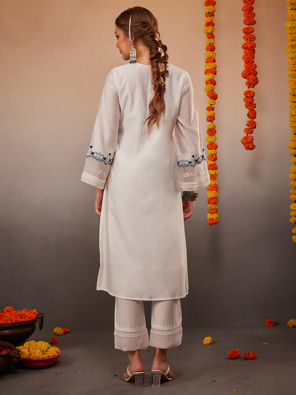 White Floral Embroidered Pure Cotton Kurta Set with Printed Dupatta