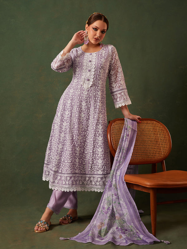 Lilac Schiffli Anarkali Kurta Set with Dupatta