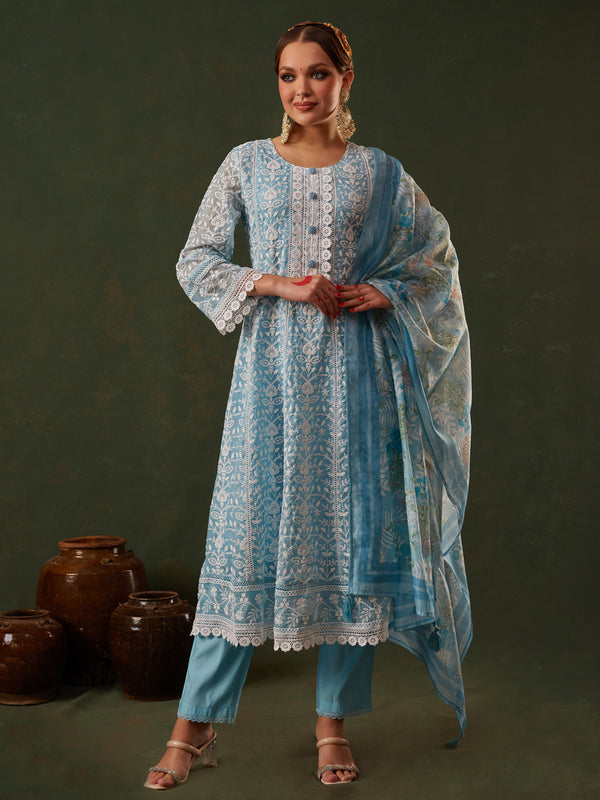 Blue Schiffli Anarkali Kurta Set with Dupatta