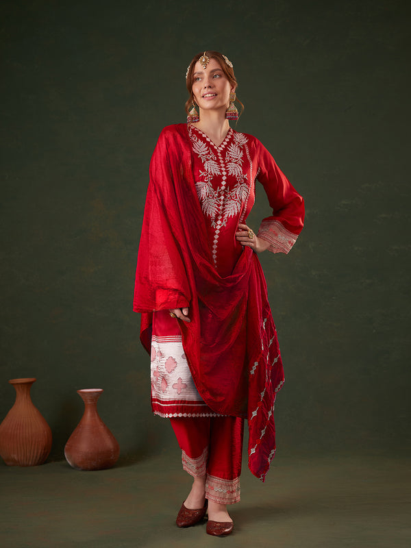 RedJacquard Floral Embroidered Kurta Set with Organza Dupatta