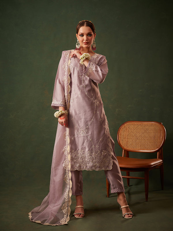 Lilac Floral Embroidered Kurta Set with Organza Dupatta