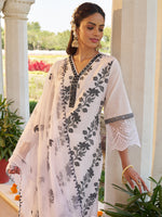 White Jacquard Floral Embroidered Kurta Set with Organza Embroidered Dupatta