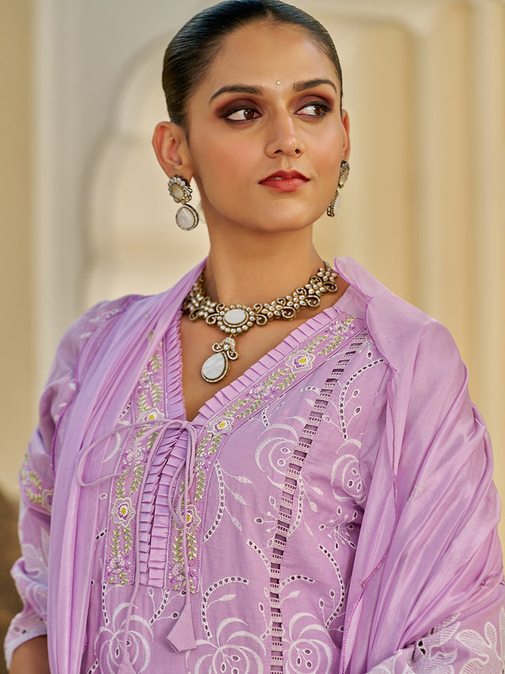 This Embroidered Cotton Kurta Set with Organza Dupatta is a beautiful blend of comfort. Shop Now!