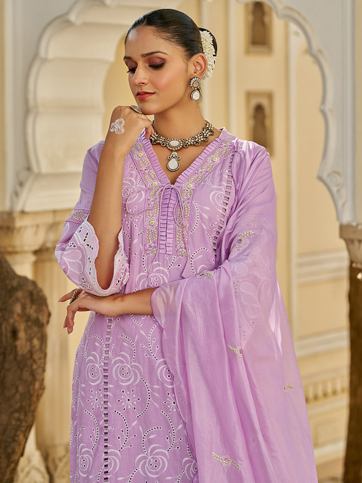 This Embroidered Cotton Kurta Set with Organza Dupatta is a beautiful blend of comfort. Shop Now!