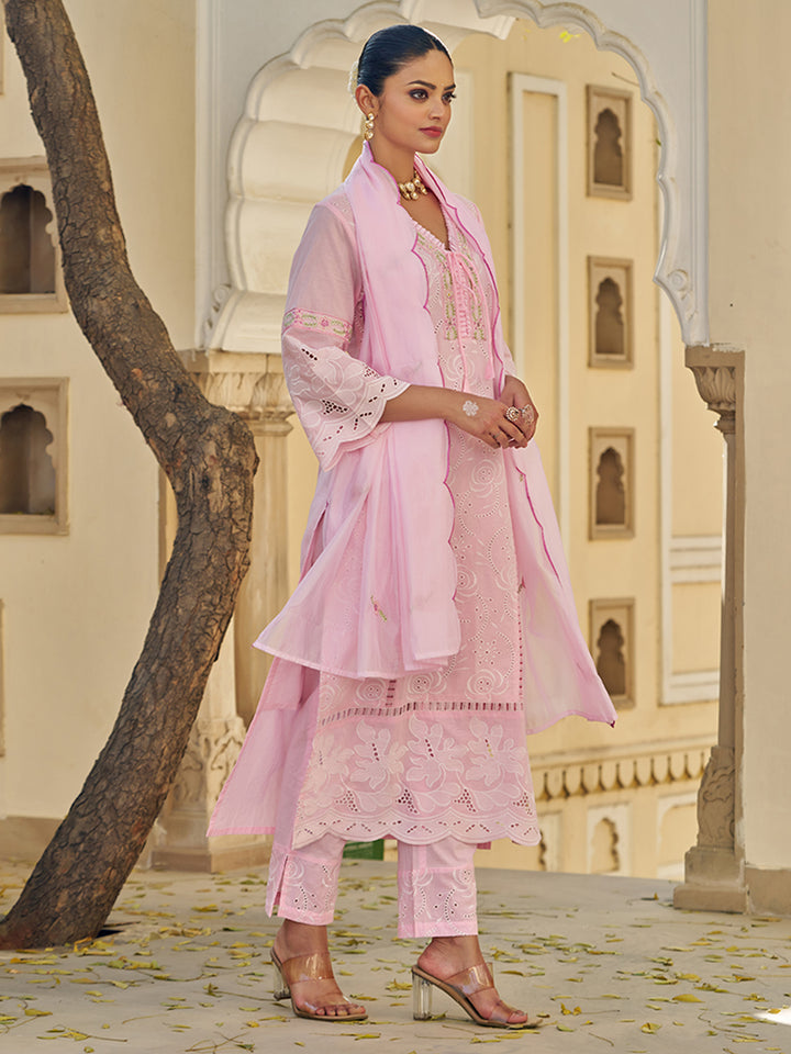 This Embroidered Cotton Kurta Set with Organza Dupatta is a beautiful blend of comfort. Shop Now!