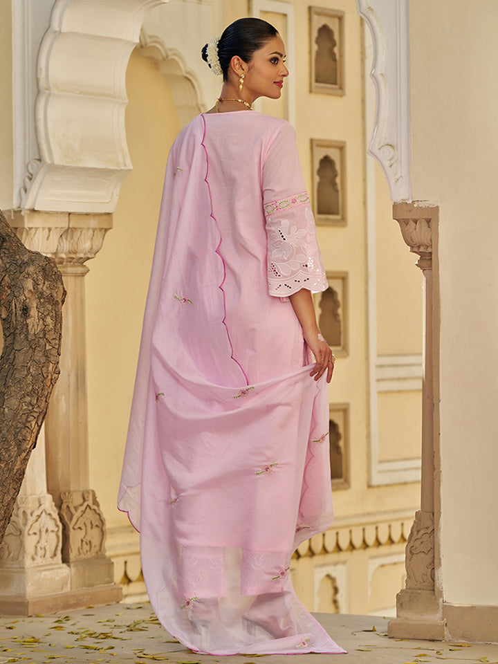 This Embroidered Cotton Kurta Set with Organza Dupatta is a beautiful blend of comfort. Shop Now!