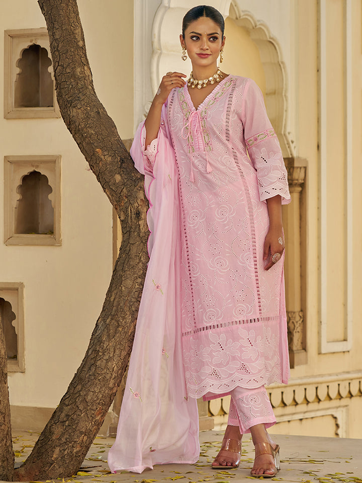 This Embroidered Cotton Kurta Set with Organza Dupatta is a beautiful blend of comfort. Shop Now!