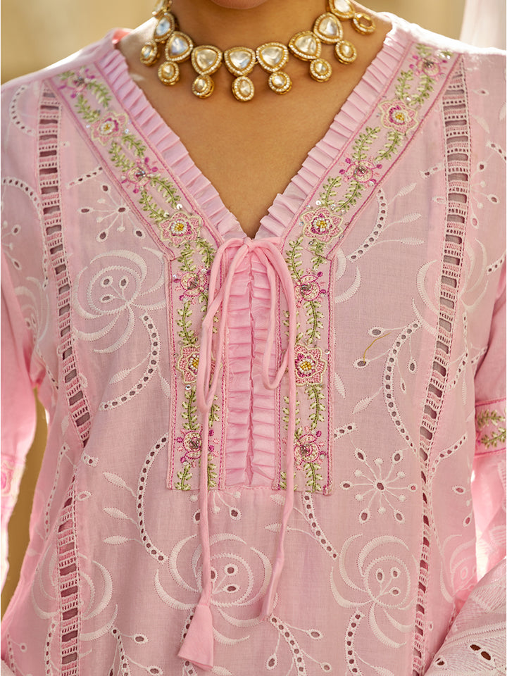 This Embroidered Cotton Kurta Set with Organza Dupatta is a beautiful blend of comfort. Shop Now!