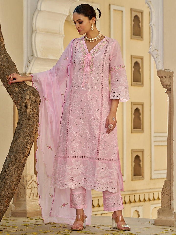 This Embroidered Cotton Kurta Set with Organza Dupatta is a beautiful blend of comfort. Shop Now!