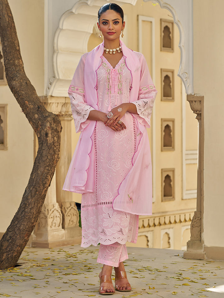 This Embroidered Cotton Kurta Set with Organza Dupatta is a beautiful blend of comfort. Shop Now!