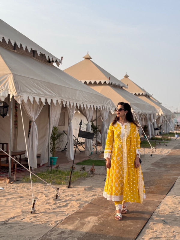 Yellow Schiffli Anarkali Kurta Set with Dupatta